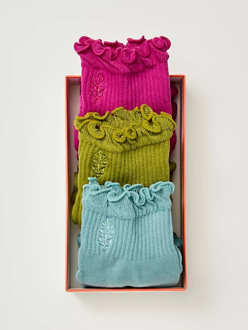 Free People Classic Ruffle Sock 3-Pack Gift Box Movement Pink Green Blue NWT NEW